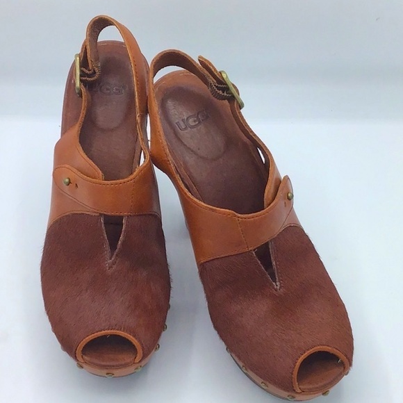 UGG Nicco Auburn Clog Calf Hair Platform Peep Toe Slingback Shoe Size 6.5 - Picture 7 of 13